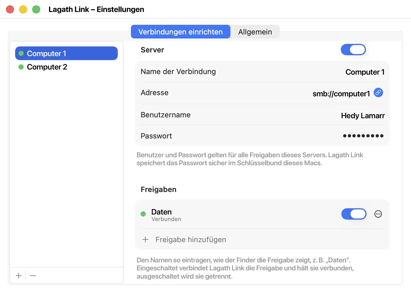 Das Einstellungsfenster von Lagath Link, Reiter „Verbindungen einrichten“: links die Server Computer 1 und Computer 2, rechts Name der Verbindung, Adresse, Benutzername und Passwort, darunter die Freigabe Daten, eingeschaltet und verbunden