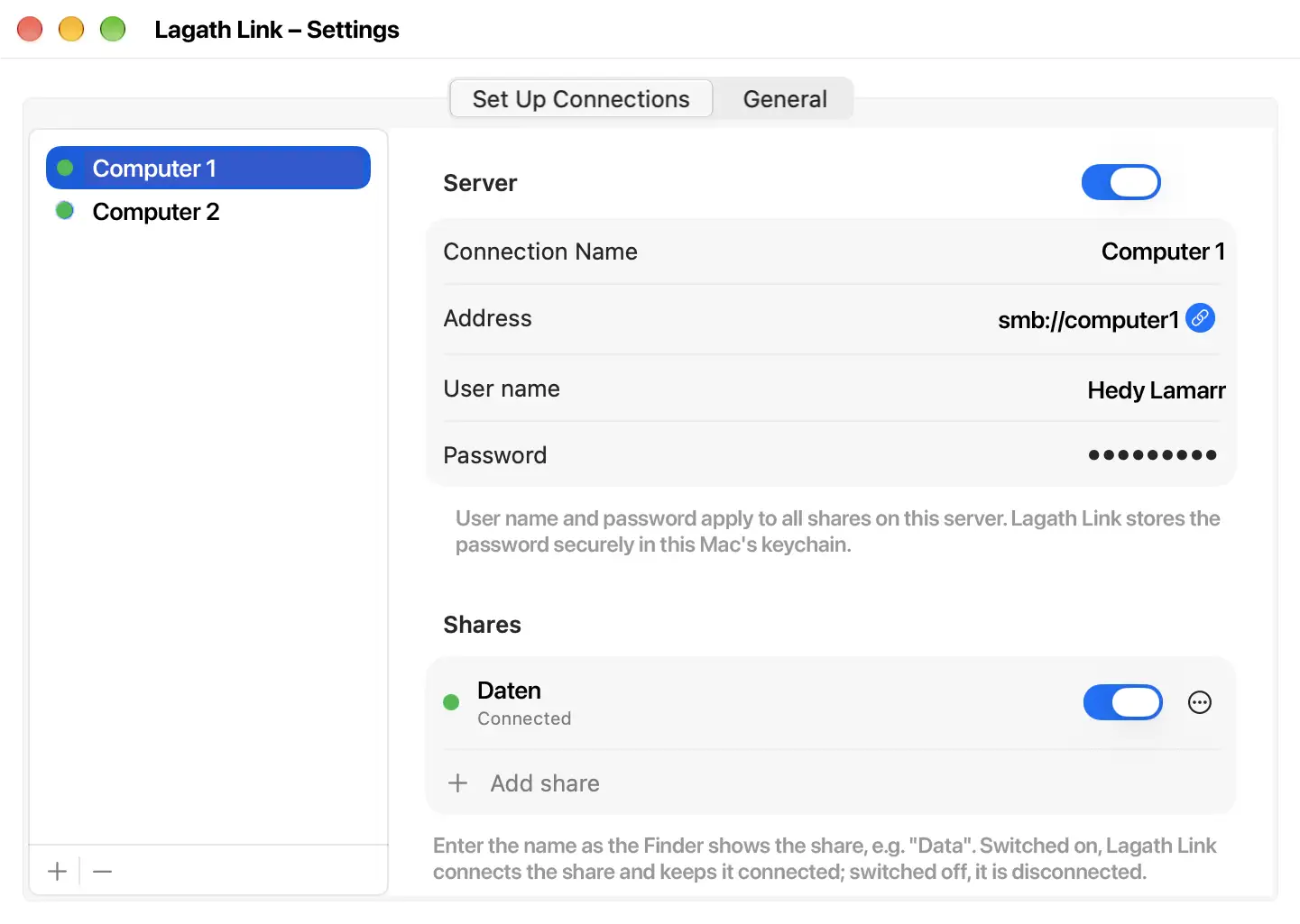 Lagath Link’s settings window, “Set Up Connections” tab: on the left the servers Computer 1 and Computer 2, on the right connection name, address, user name and password, below them the share Daten, switched on and connected