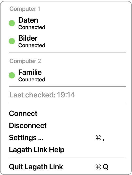 The Lagath Link menu in the menu bar: two servers with their shares, all connected, followed by Connect, Disconnect and Settings